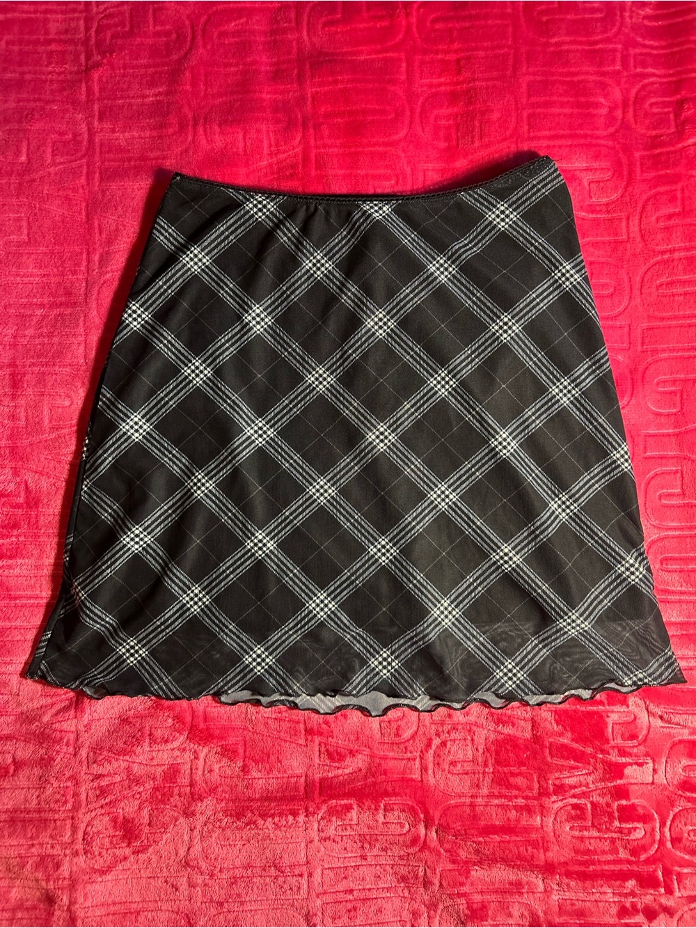 ‘Divided’ Plaid Mesh Mini Skirt with Lettuce Trim